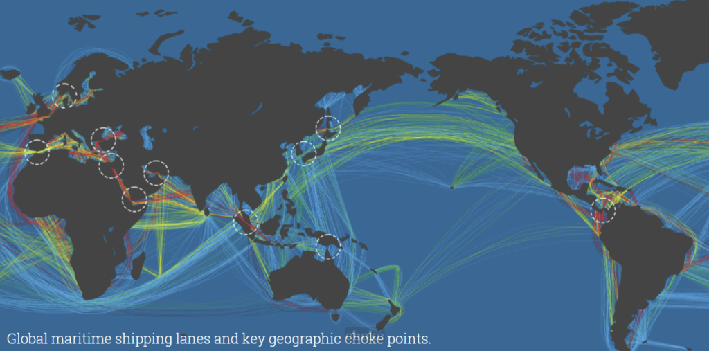 Global maritime shipping lanes and key geographic choke points.